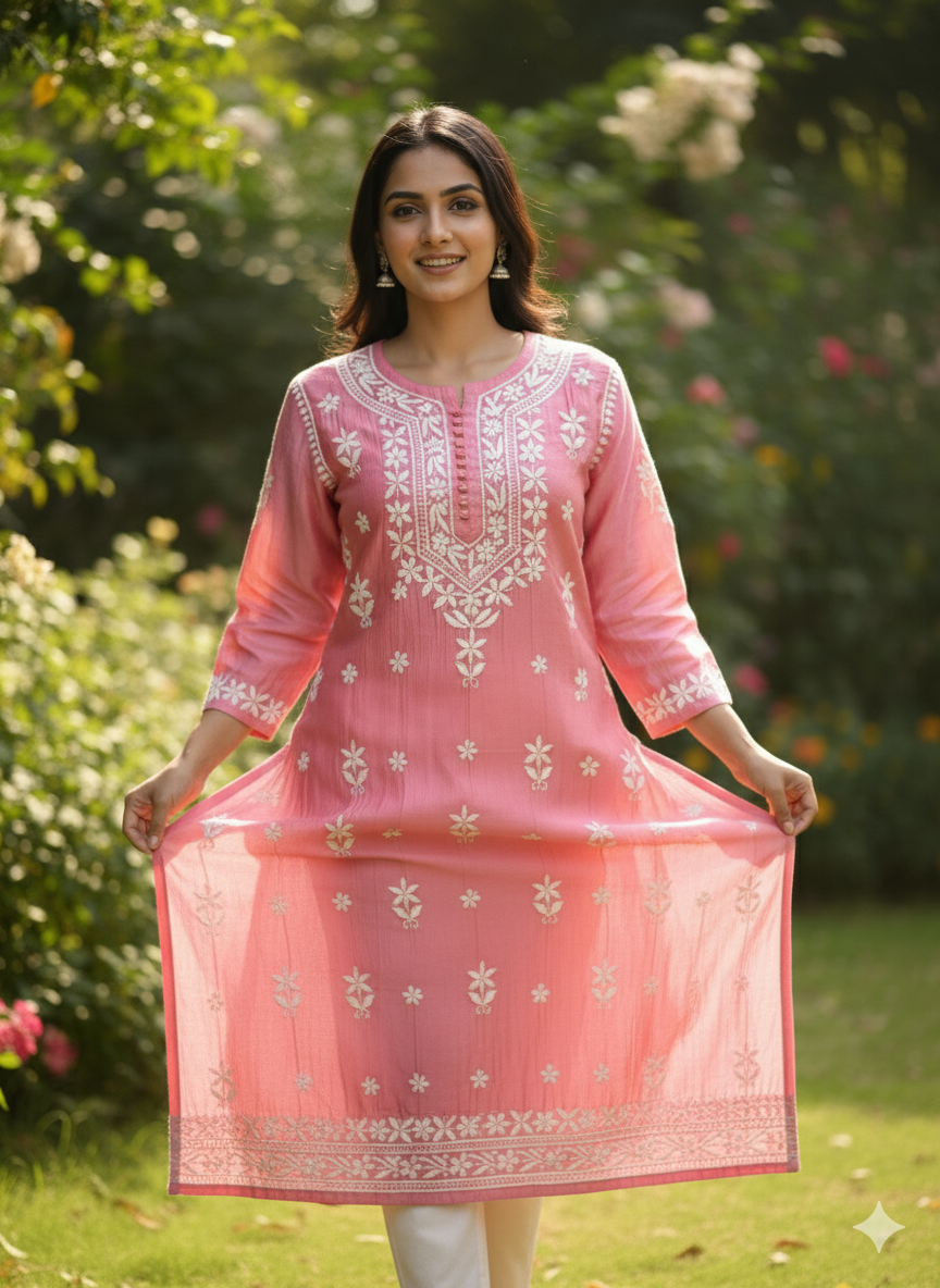 Lucknow Best Chikankari Women's Pink Silk Cotton Hand-Embroidered Kurti | Elegant Lucknowi Straight Kurta for Festive & Casual Wear