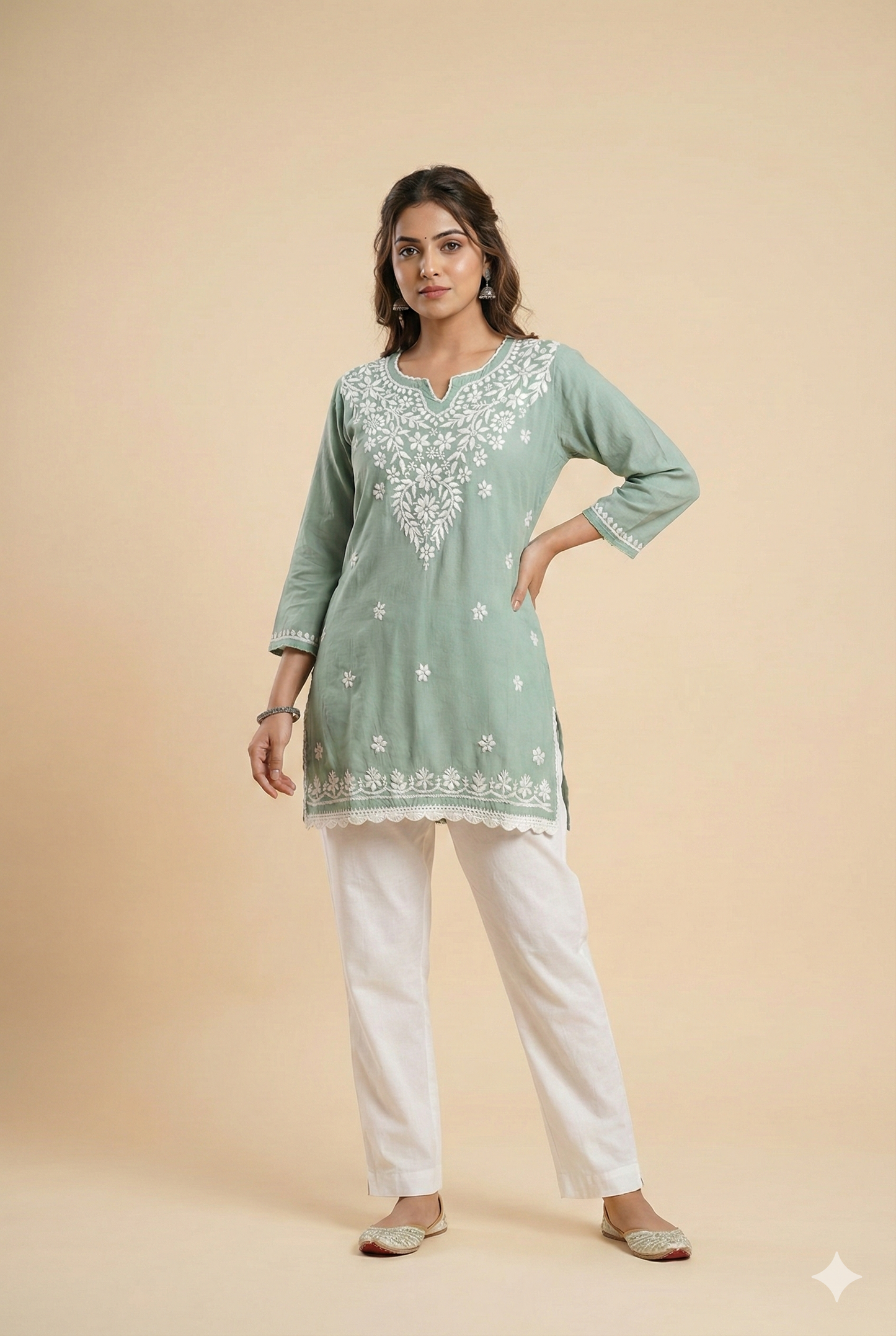 Pista Green Modal Chikankari Short Kurti – Handcrafted Lucknowi Elegance