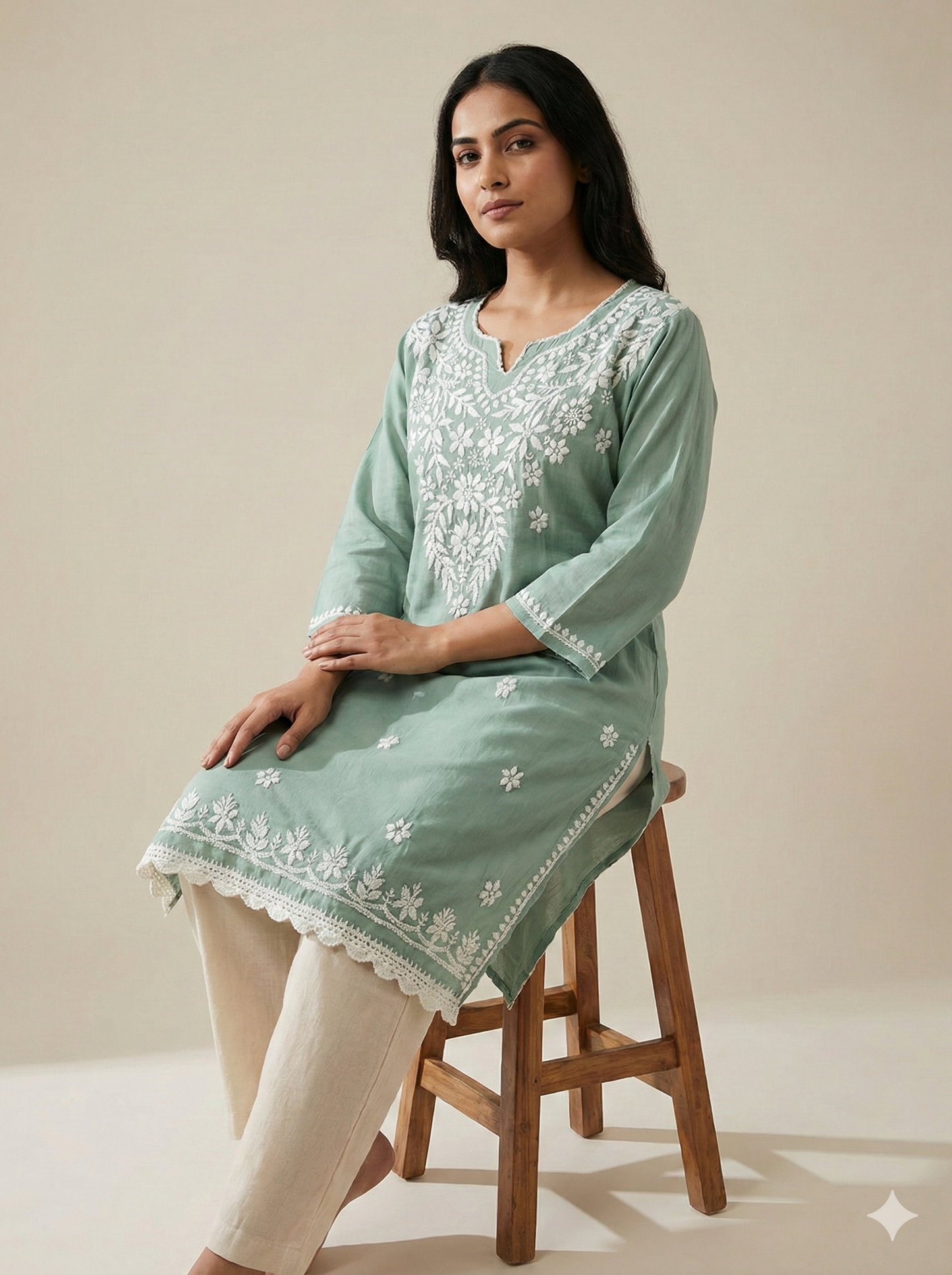 Pista Green Modal Chikankari Short Kurti – Handcrafted Lucknowi Elegance