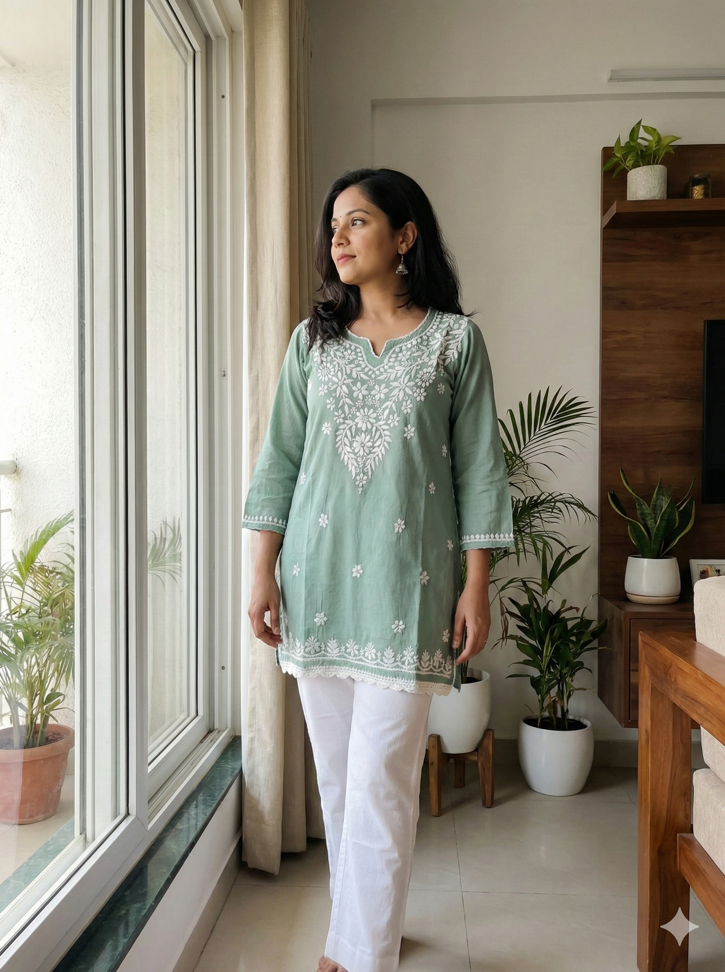 Pista Green Modal Chikankari Short Kurti – Handcrafted Lucknowi Elegance