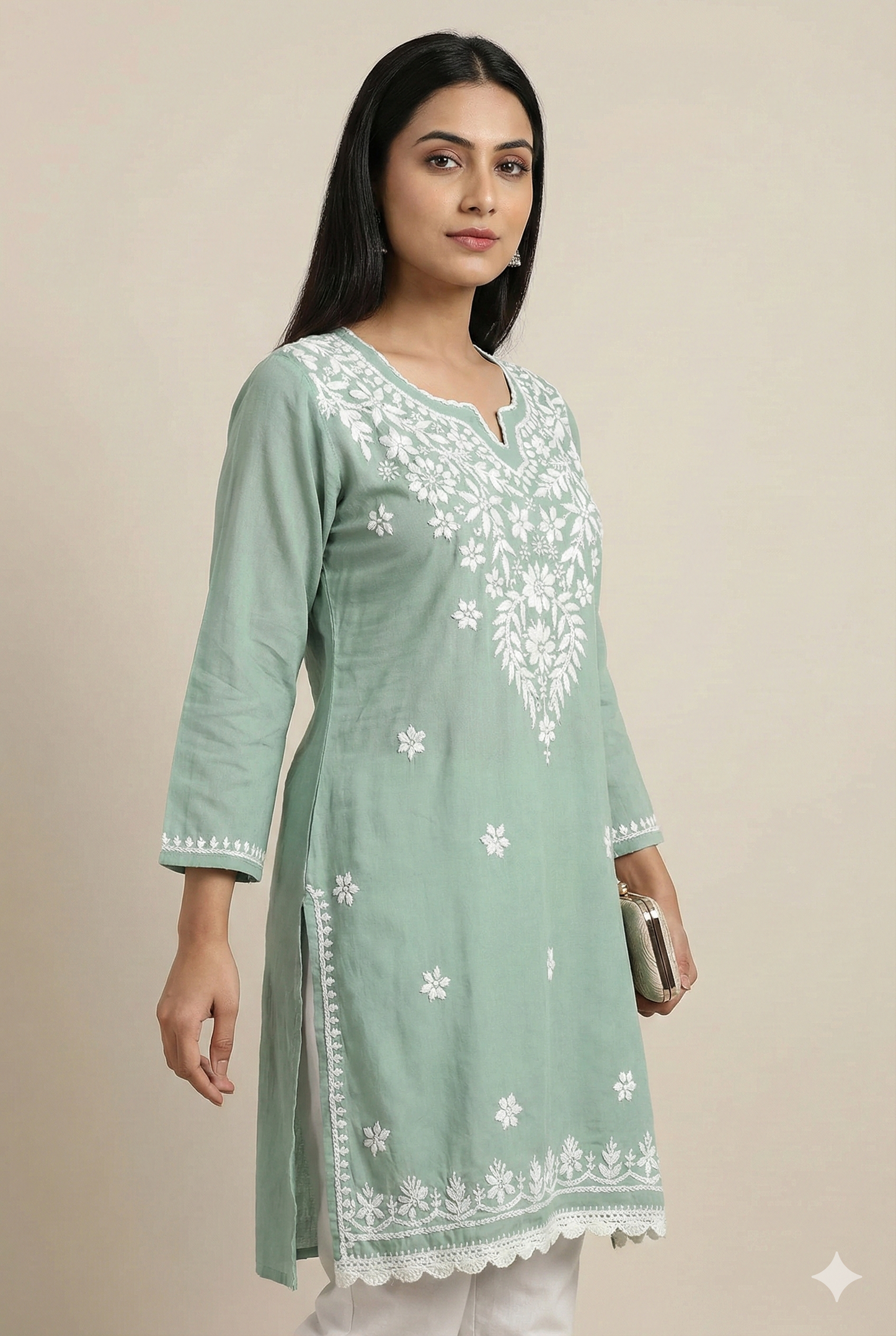 Pista Green Modal Chikankari Short Kurti – Handcrafted Lucknowi Elegance