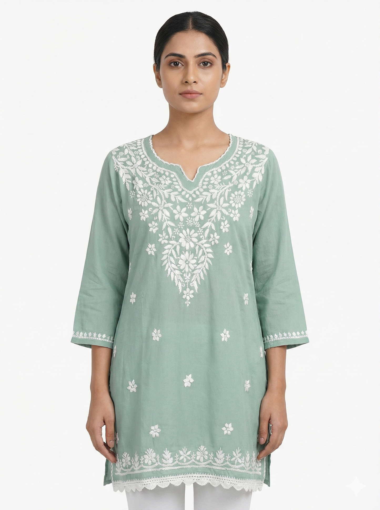 Pista Green Modal Chikankari Short Kurti – Handcrafted Lucknowi Elegance