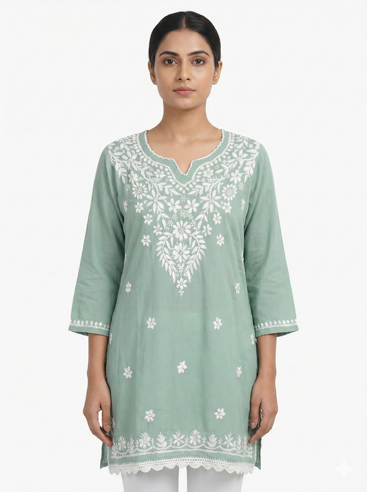 Pista green modal Chikankari short kurti front view