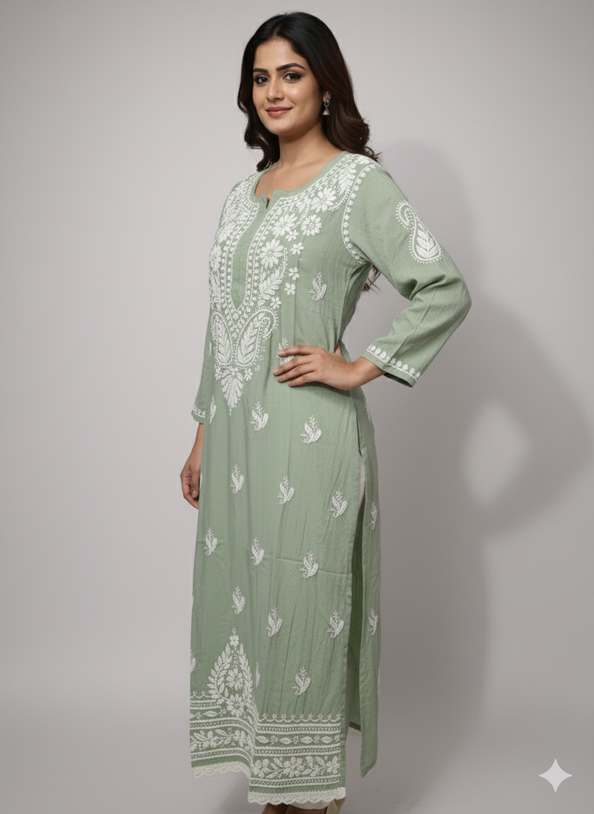 Lucknowi Chikankari Sage Green Cotton Kurti with White Embroidery | Handcrafted Women's Tunic