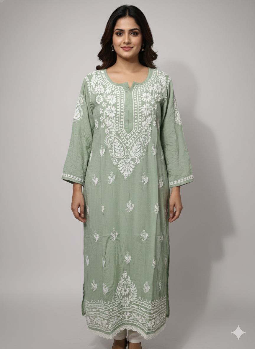 Lucknowi Chikankari Sage Green Cotton Kurti with White Embroidery | Handcrafted Women's Tunic