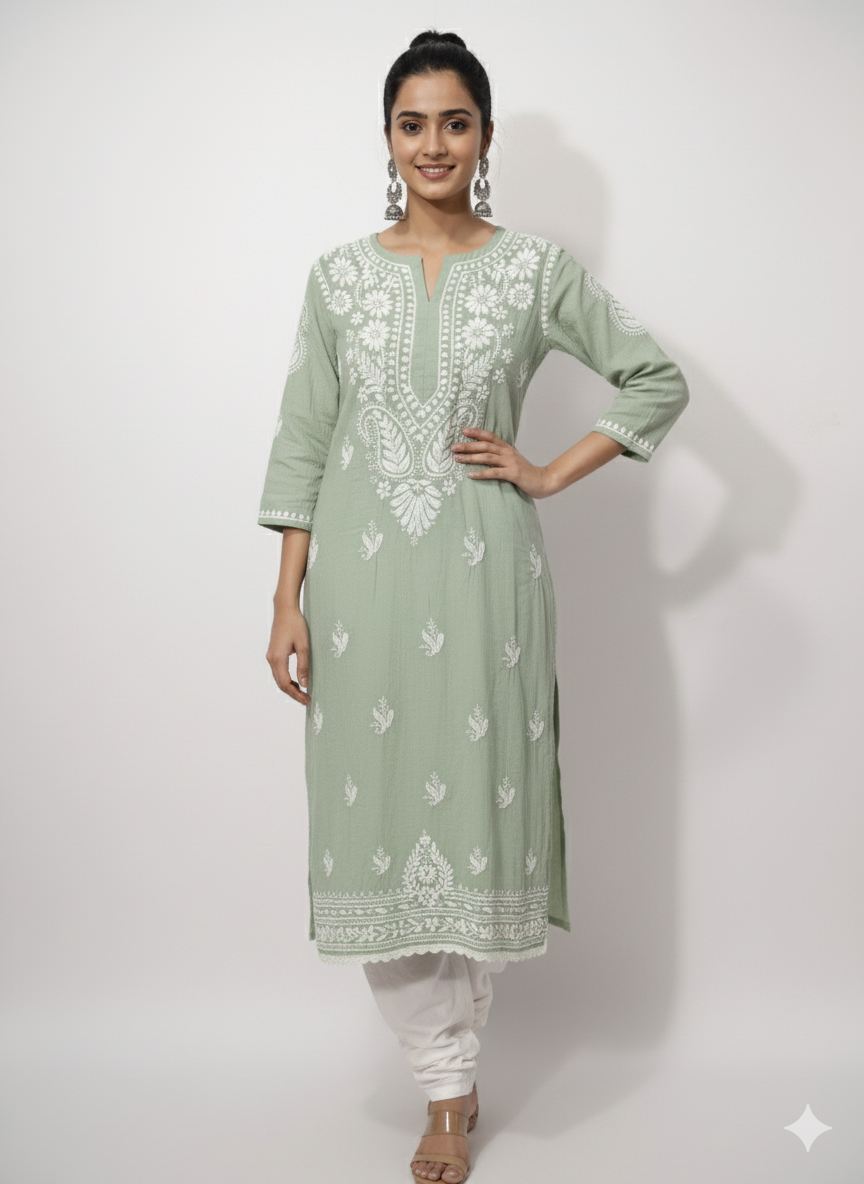 Lucknowi Chikankari Sage Green Cotton Kurti with White Embroidery | Handcrafted Women's Tunic