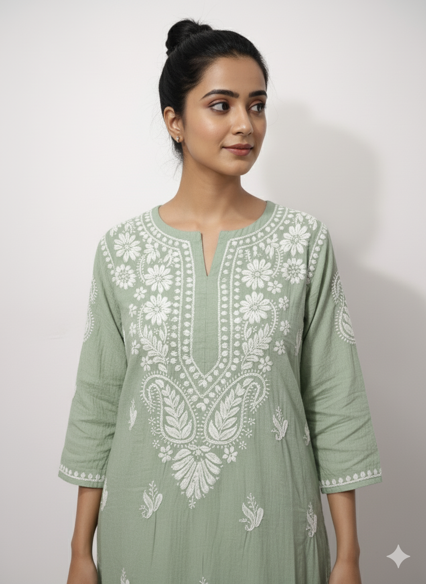 Lucknowi Chikankari Sage Green Cotton Kurti with White Embroidery | Handcrafted Women's Tunic