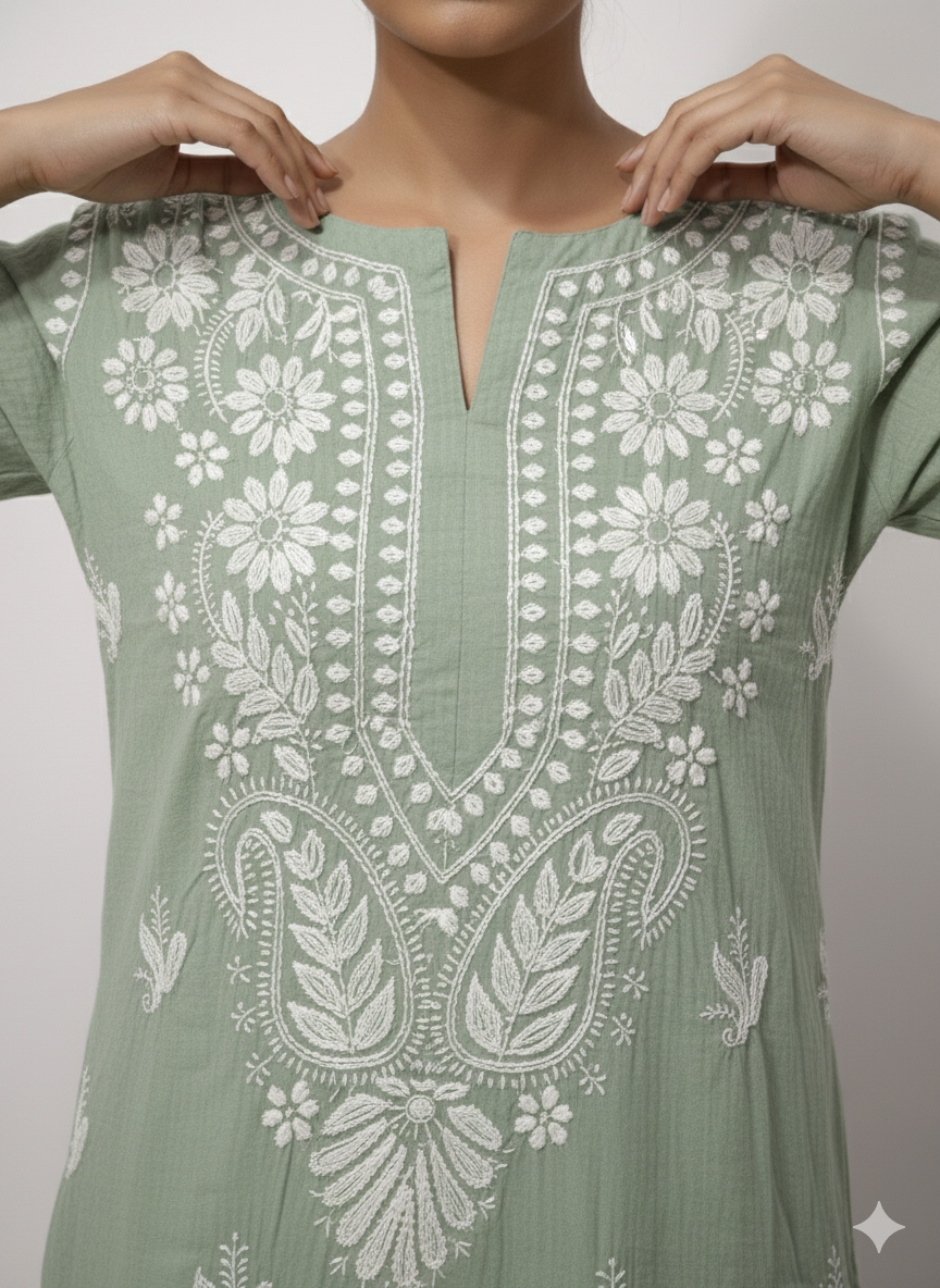 Lucknowi Chikankari Sage Green Cotton Kurti with White Embroidery | Handcrafted Women's Tunic