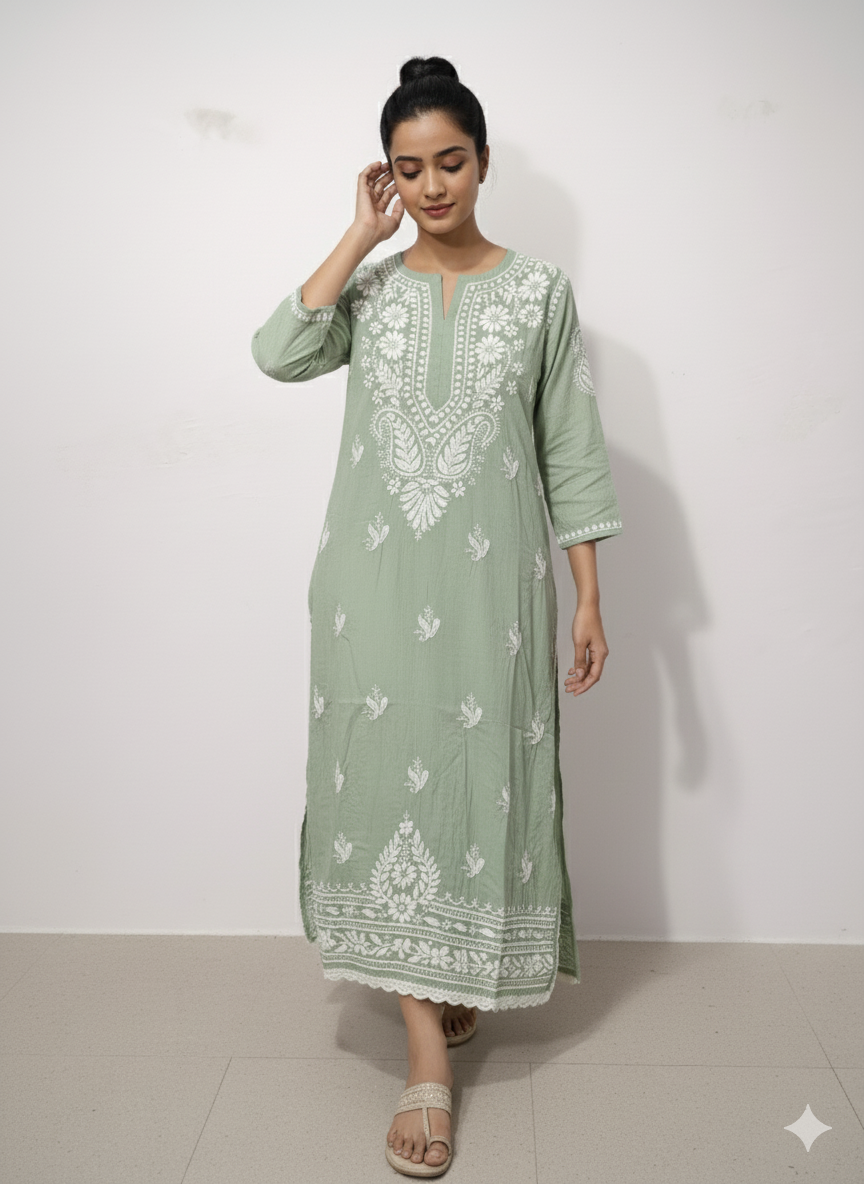 Lucknowi Chikankari Sage Green Cotton Kurti with White Embroidery | Handcrafted Women's Tunic