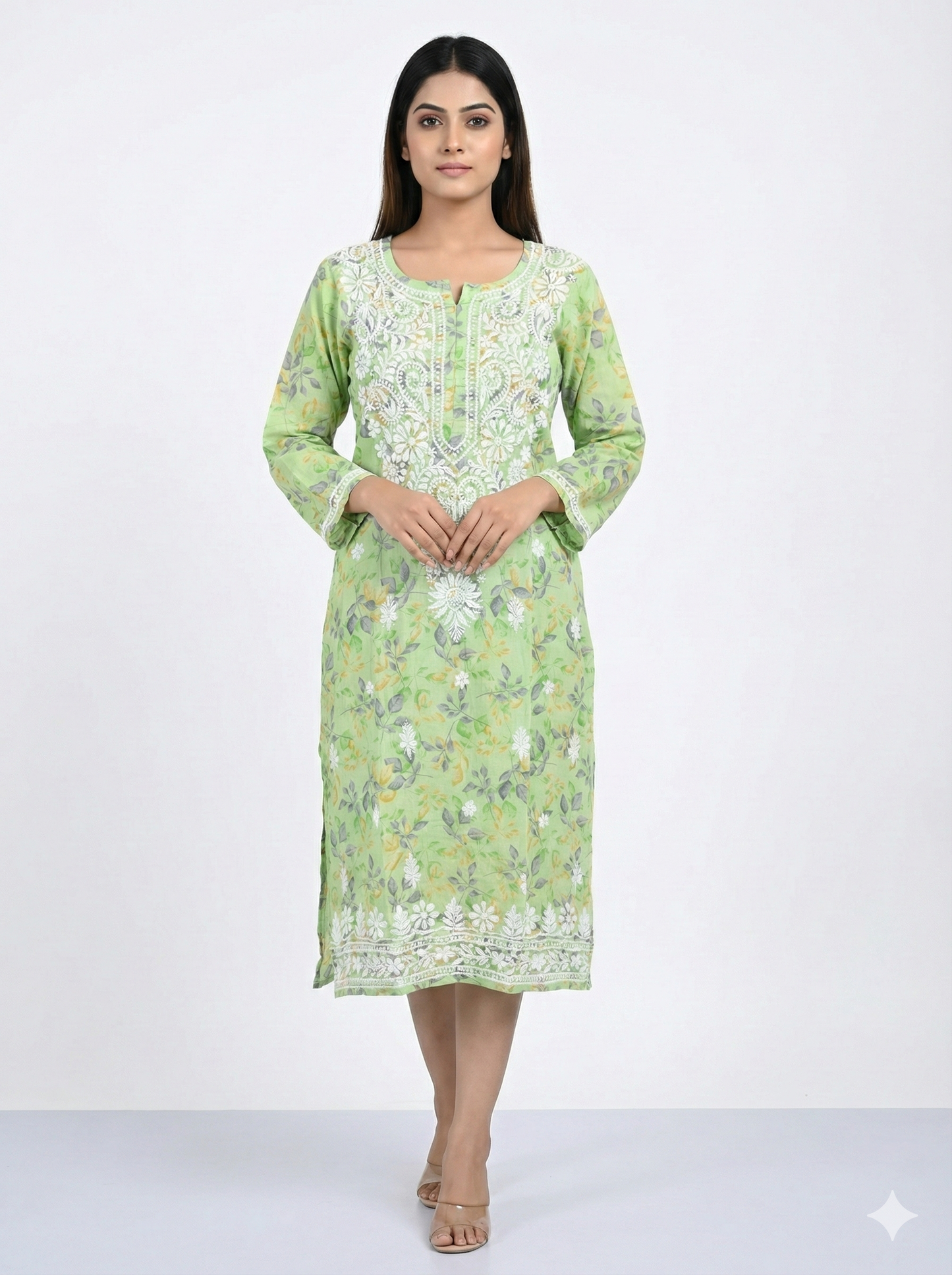 Pista Green Floral Malmal Cotton Kurti with Hand Chikankari Work | Lucknow Best Chikankari