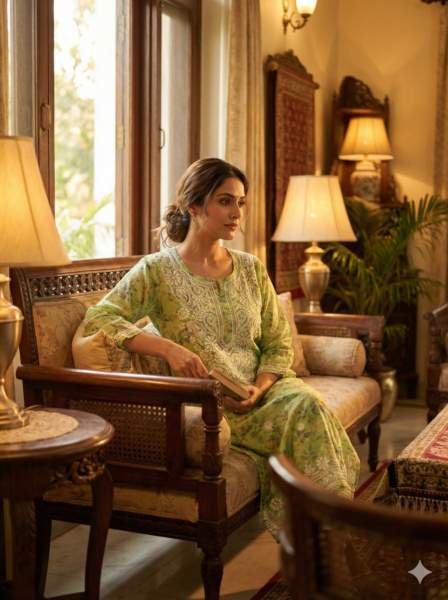 Pista Green Floral Malmal Cotton Kurti with Hand Chikankari Work | Lucknow Best Chikankari