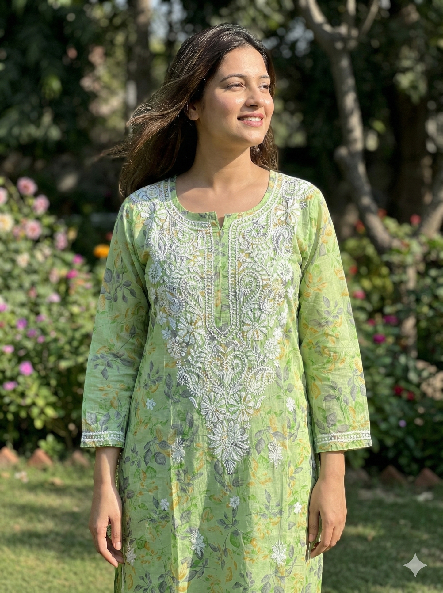 Pista Green Floral Malmal Cotton Kurti with Hand Chikankari Work | Lucknow Best Chikankari
