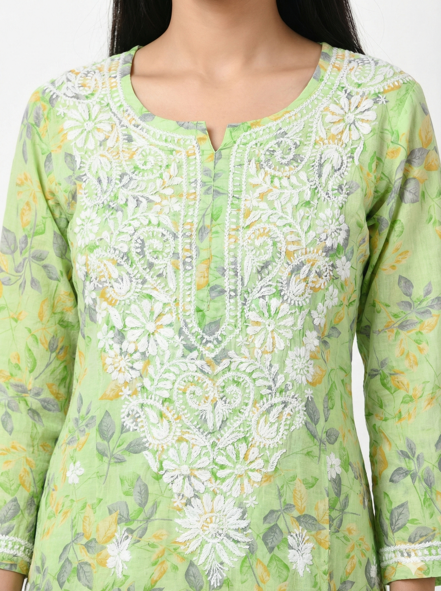 Pista Green Floral Malmal Cotton Kurti with Hand Chikankari Work | Lucknow Best Chikankari