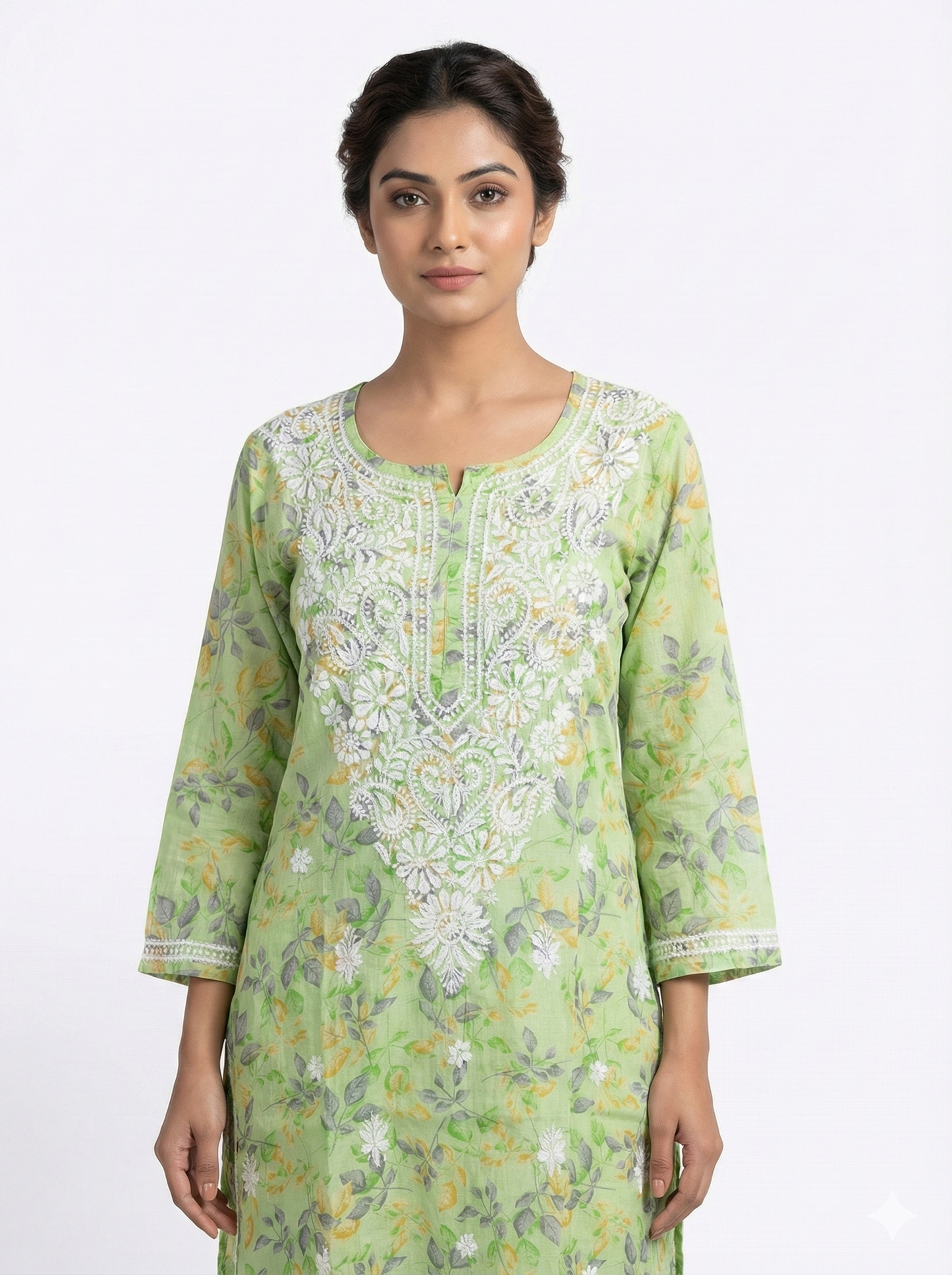 Pista Green Floral Malmal Cotton Kurti with Hand Chikankari Work | Lucknow Best Chikankari