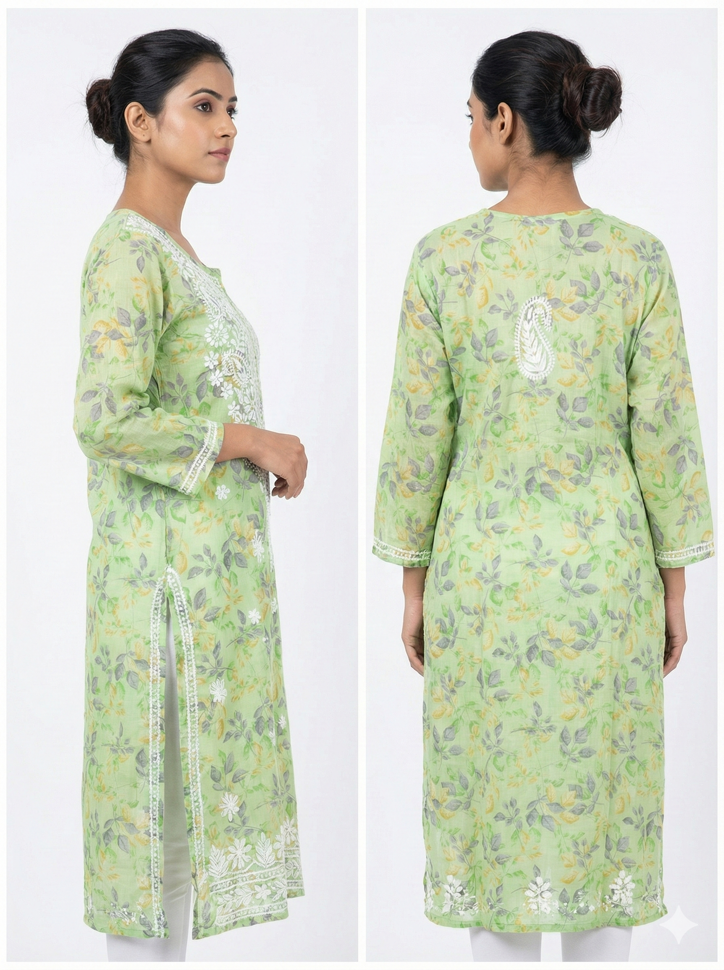 Pista Green Floral Malmal Cotton Kurti with Hand Chikankari Work | Lucknow Best Chikankari