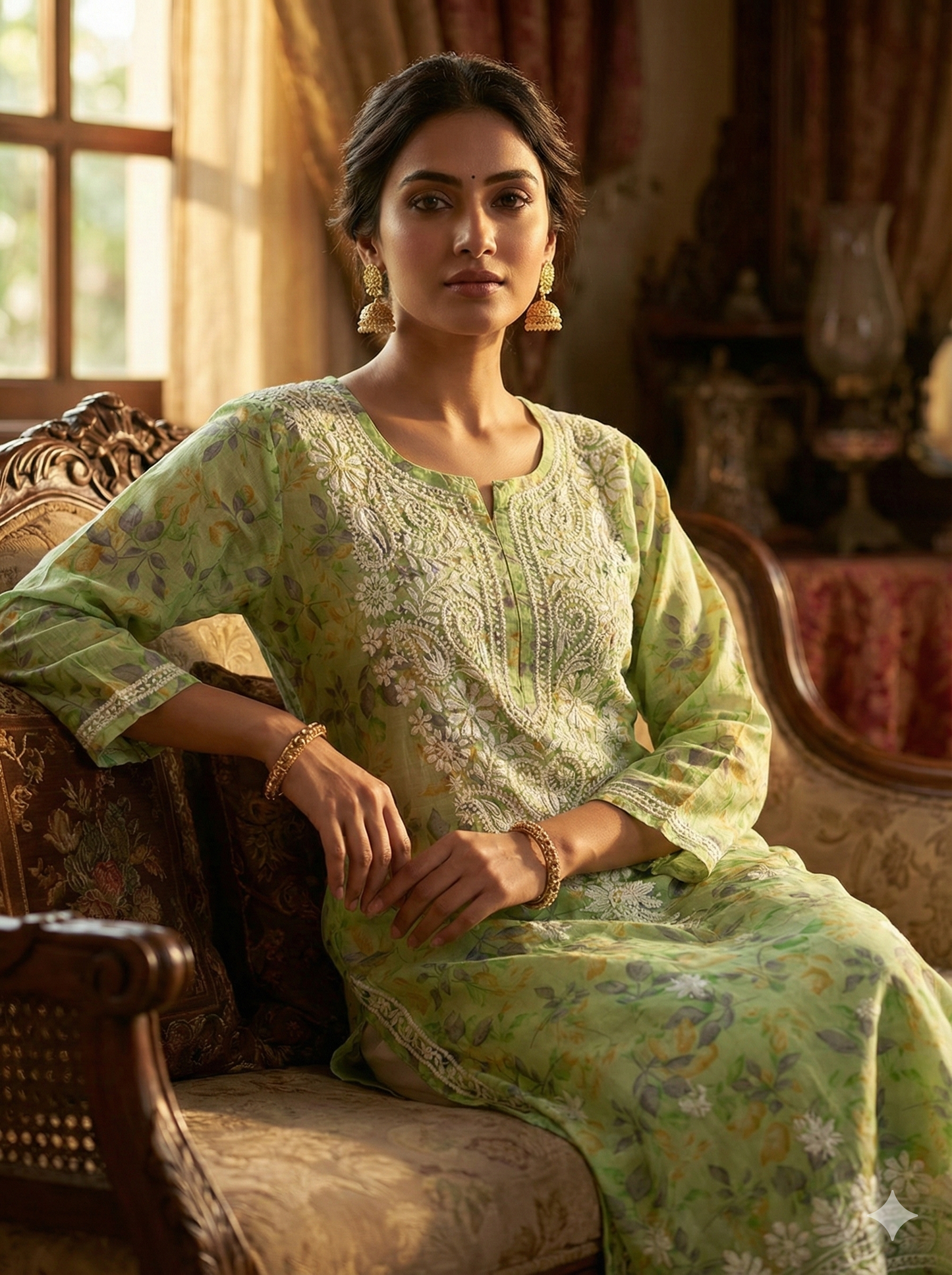 Pista Green Floral Malmal Cotton Kurti with Hand Chikankari Work | Lucknow Best Chikankari