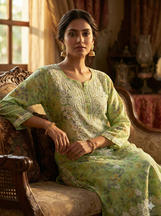 Pista Green Floral Malmal Cotton Kurti with Hand Chikankari Work | Lucknow Best Chikankari
