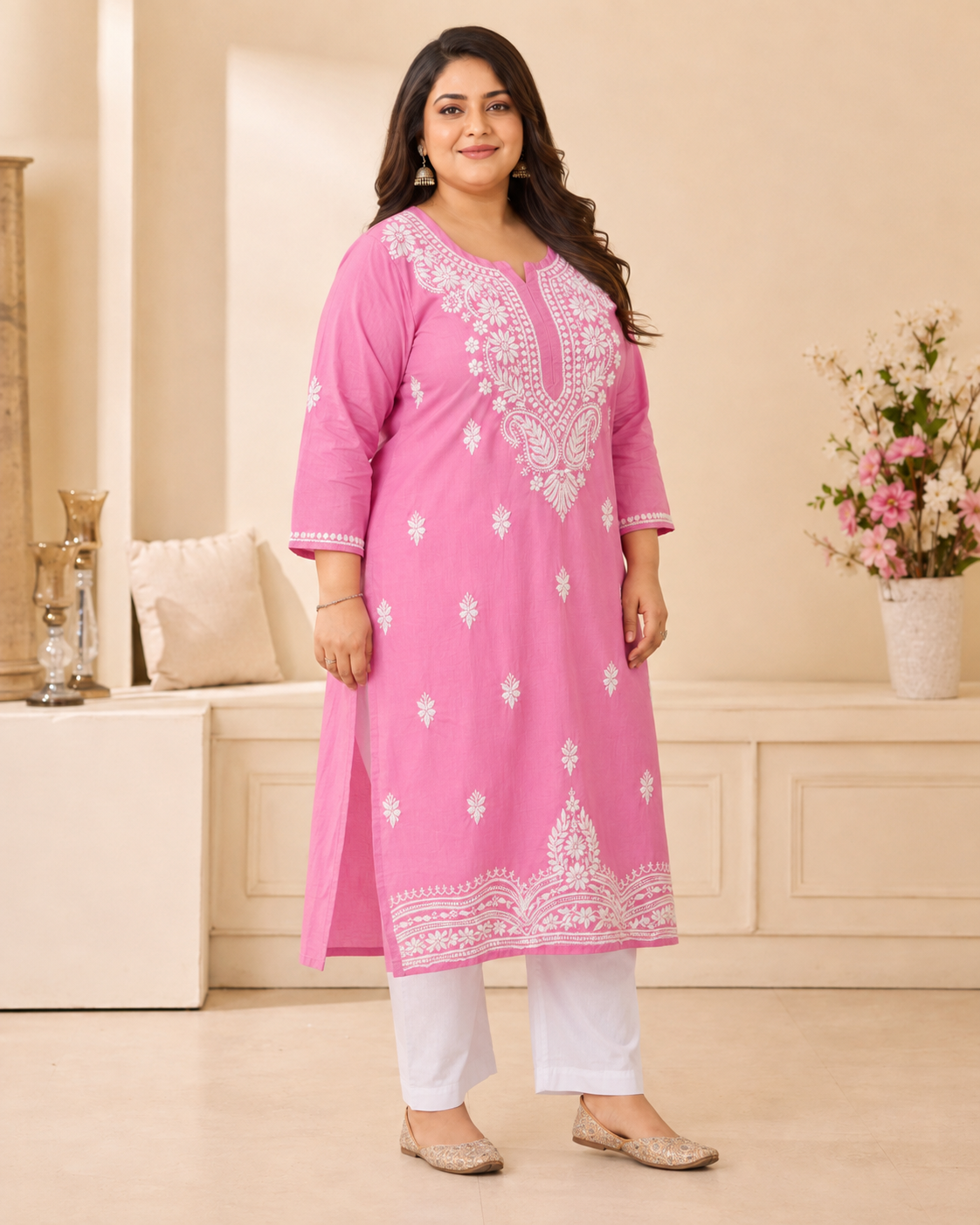 Plus Size Bright Pink Cotton Chikankari Kurti (Size 48-54) |