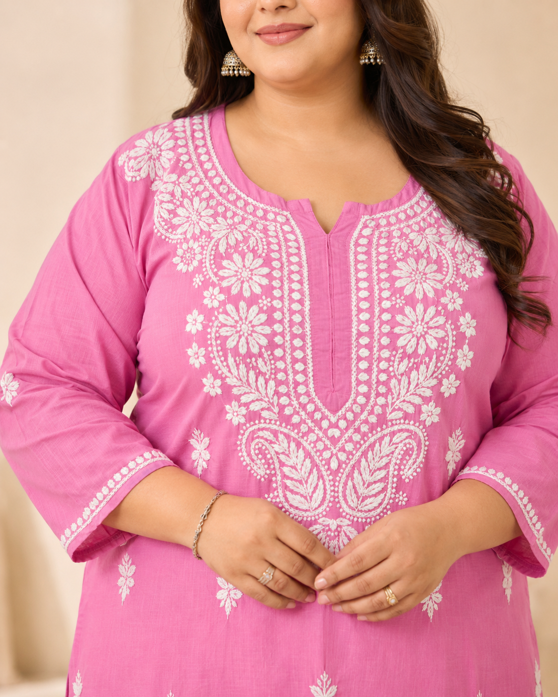Plus Size Bright Pink Cotton Chikankari Kurti (Size 48-54) |