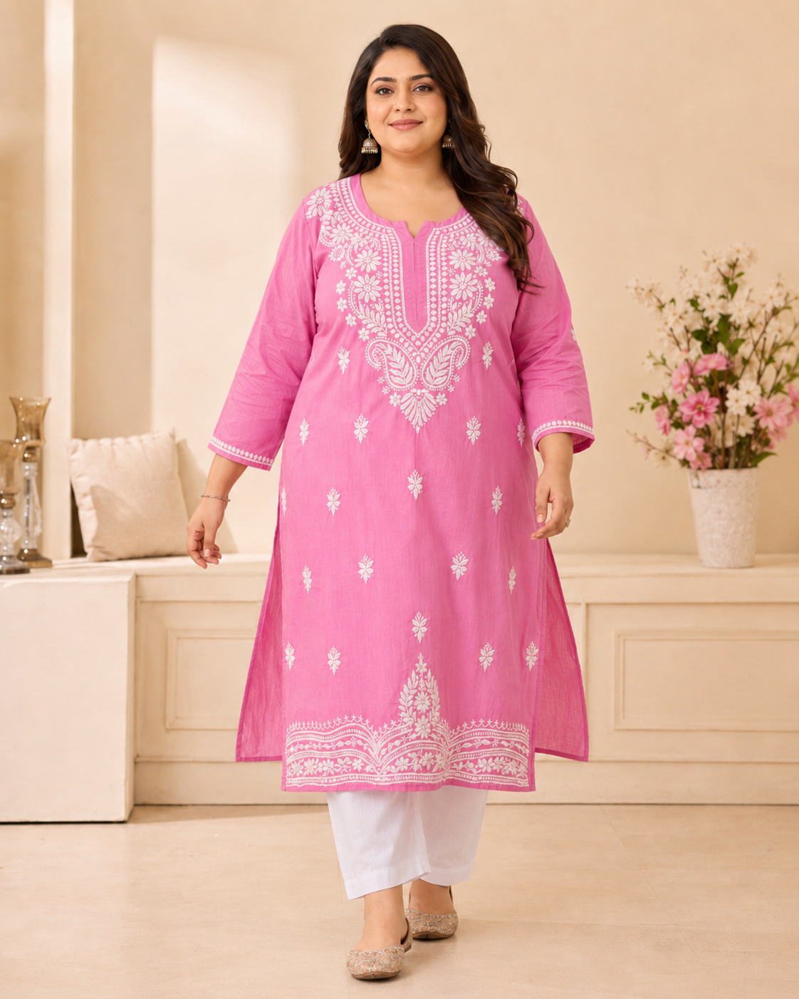 Plus Size Bright Pink Cotton Chikankari Kurti (Size 48-54) |