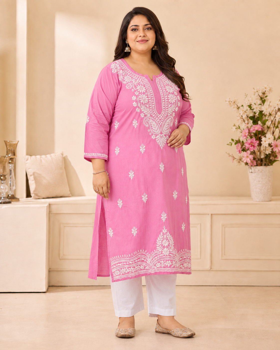 Plus Size Bright Pink Cotton Chikankari Kurti (Size 48-54) |