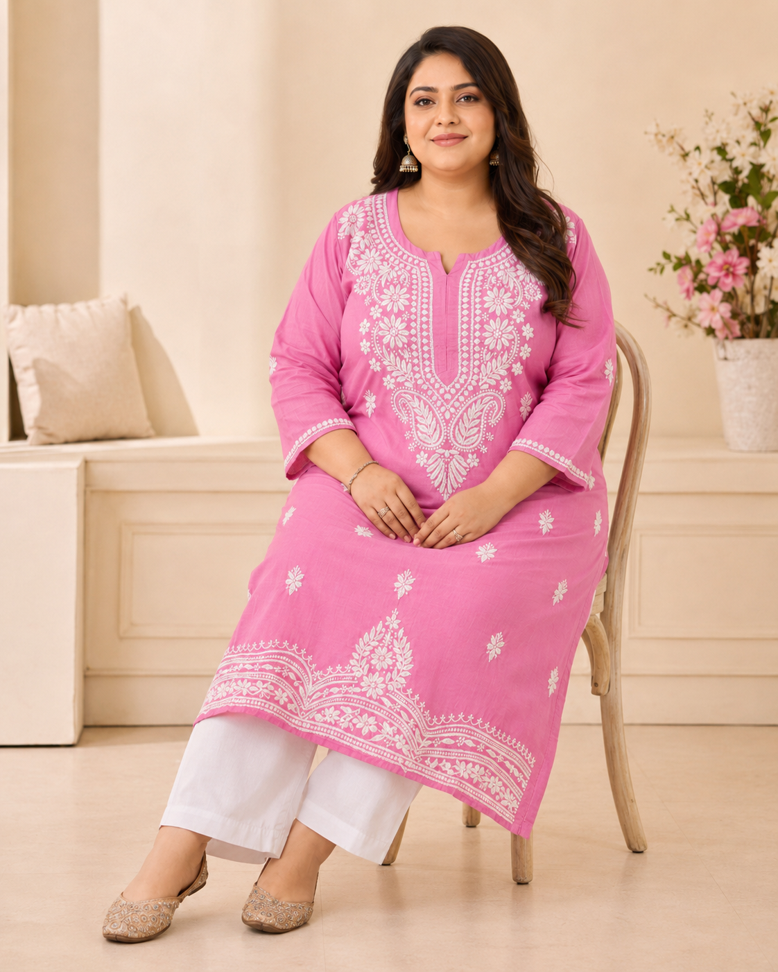Plus Size Bright Pink Cotton Chikankari Kurti (Size 48-54) |
