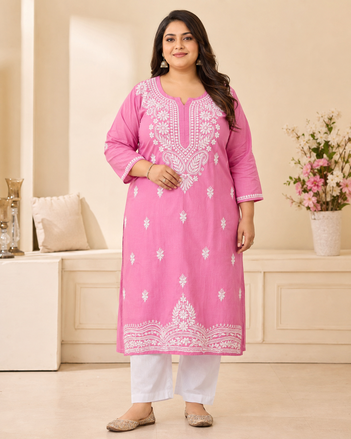 Plus Size Bright Pink Cotton Chikankari Kurti (Size 48-54) |