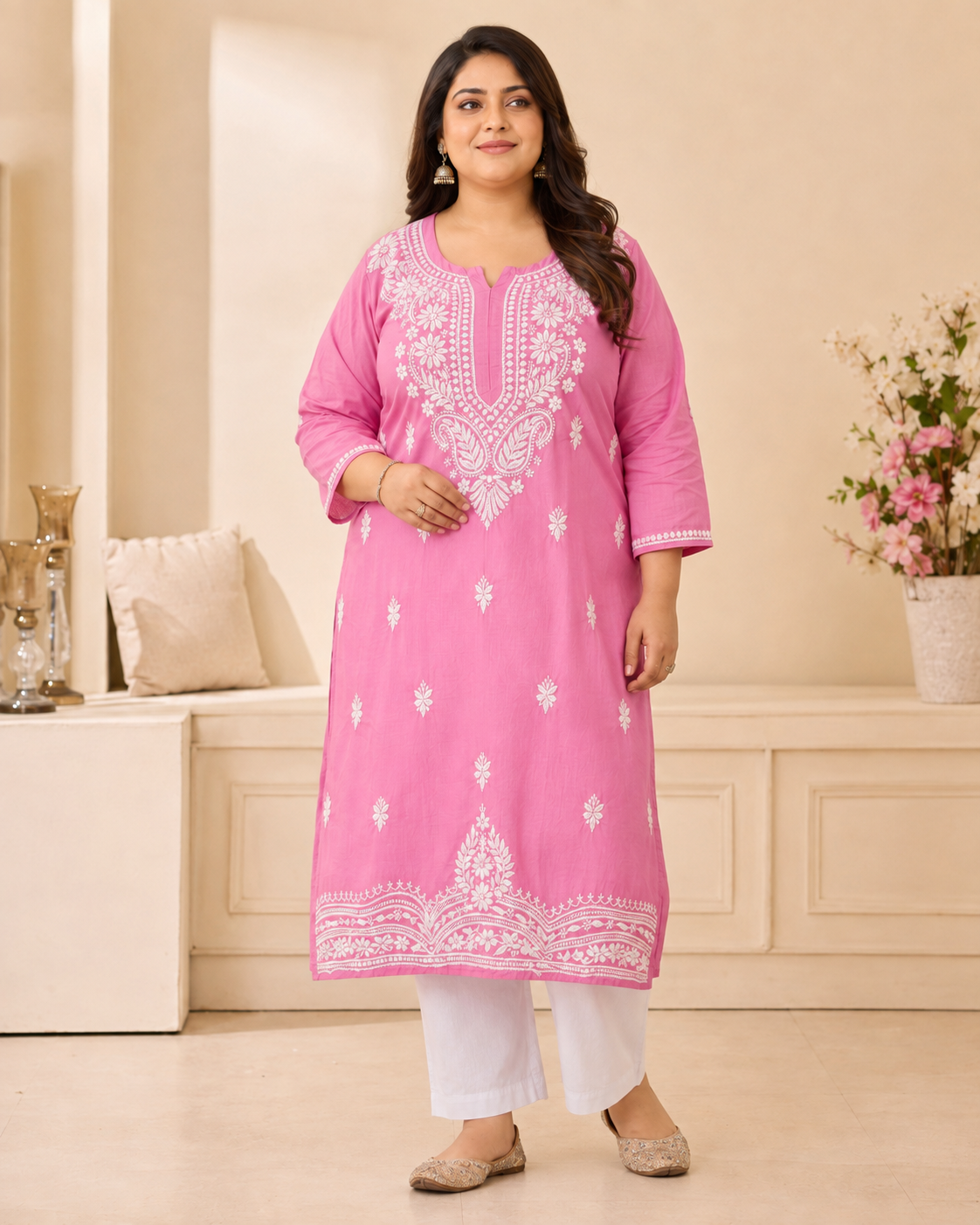 Plus Size Bright Pink Cotton Chikankari Kurti (Size 48-54) |