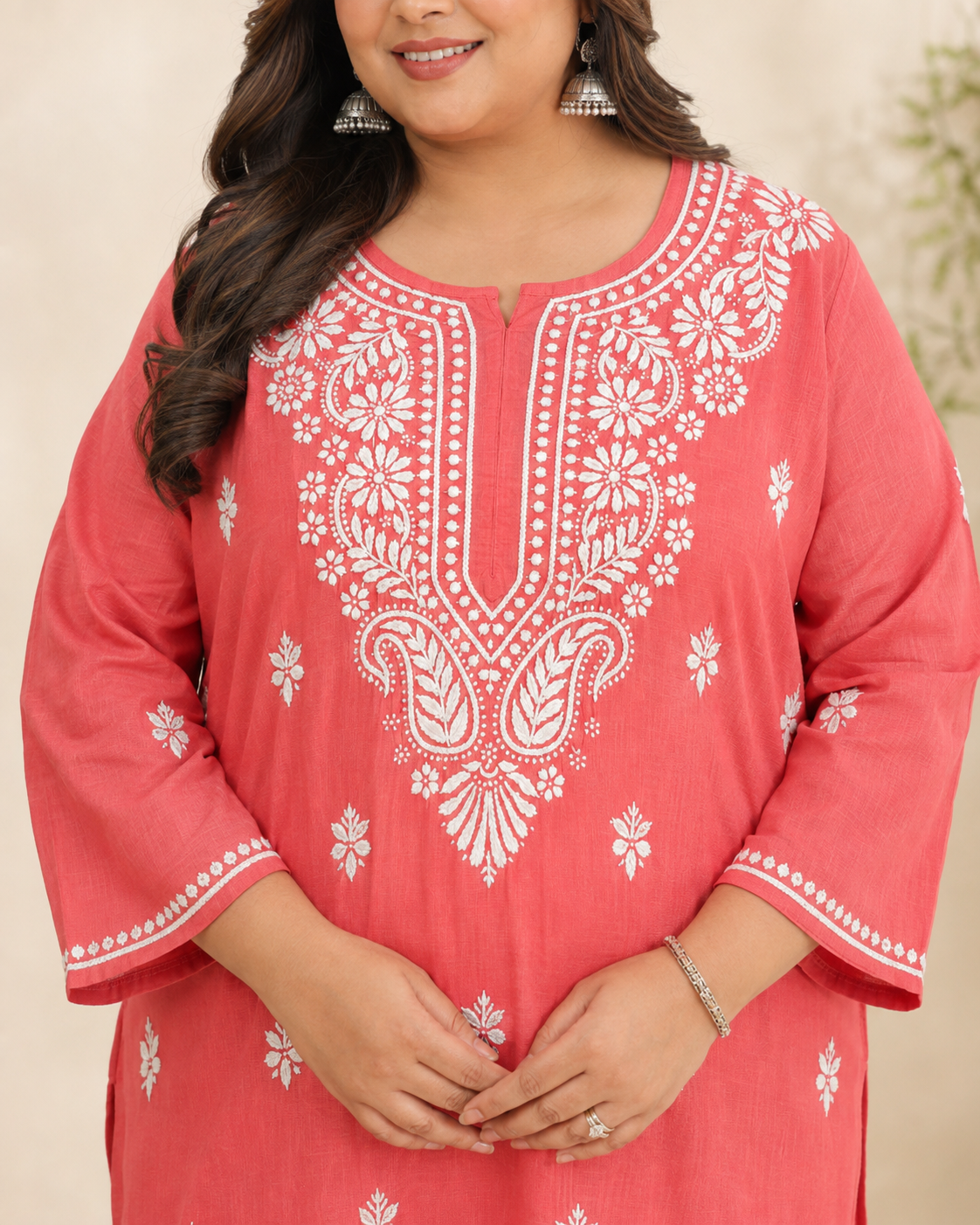 Plus Size Coral Pink Cotton Chikankari Kurti (Size 48-54) | Lucknow Best Chikankari