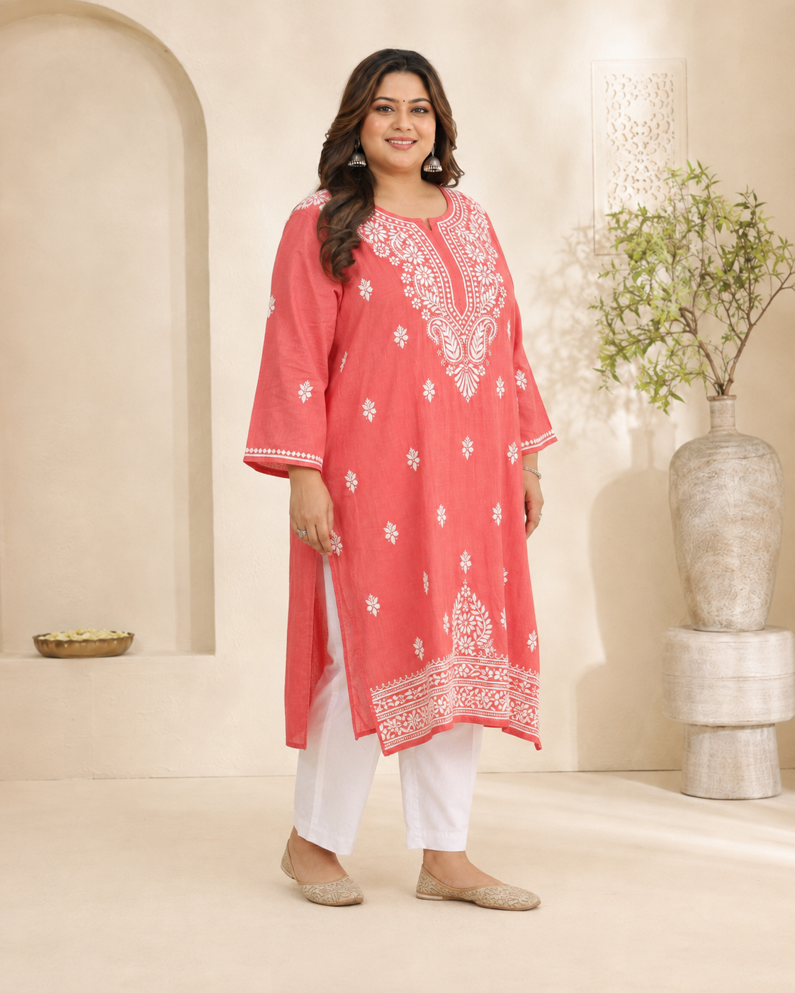 Plus Size Coral Pink Cotton Chikankari Kurti (Size 48-54) | Lucknow Best Chikankari