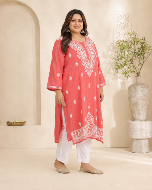 Plus Size Coral Pink Cotton Chikankari Kurti (Size 48-54) | Lucknow Best Chikankari