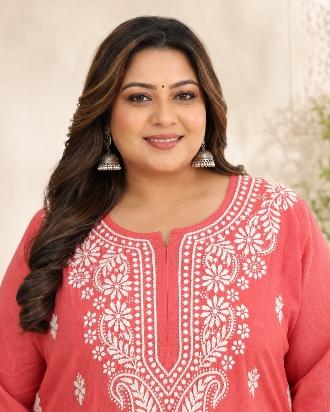 Plus Size Coral Pink Cotton Chikankari Kurti (Size 48-54) | Lucknow Best Chikankari