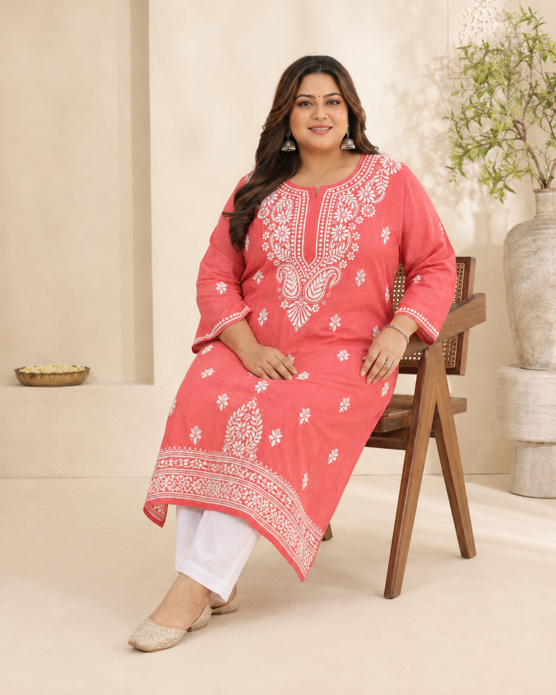 Plus Size Coral Pink Cotton Chikankari Kurti (Size 48-54) | Lucknow Best Chikankari