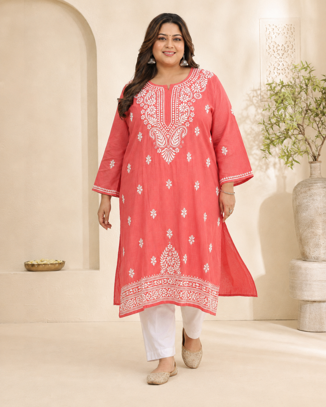 Plus Size Coral Pink Cotton Chikankari Kurti (Size 48-54) | Lucknow Best Chikankari