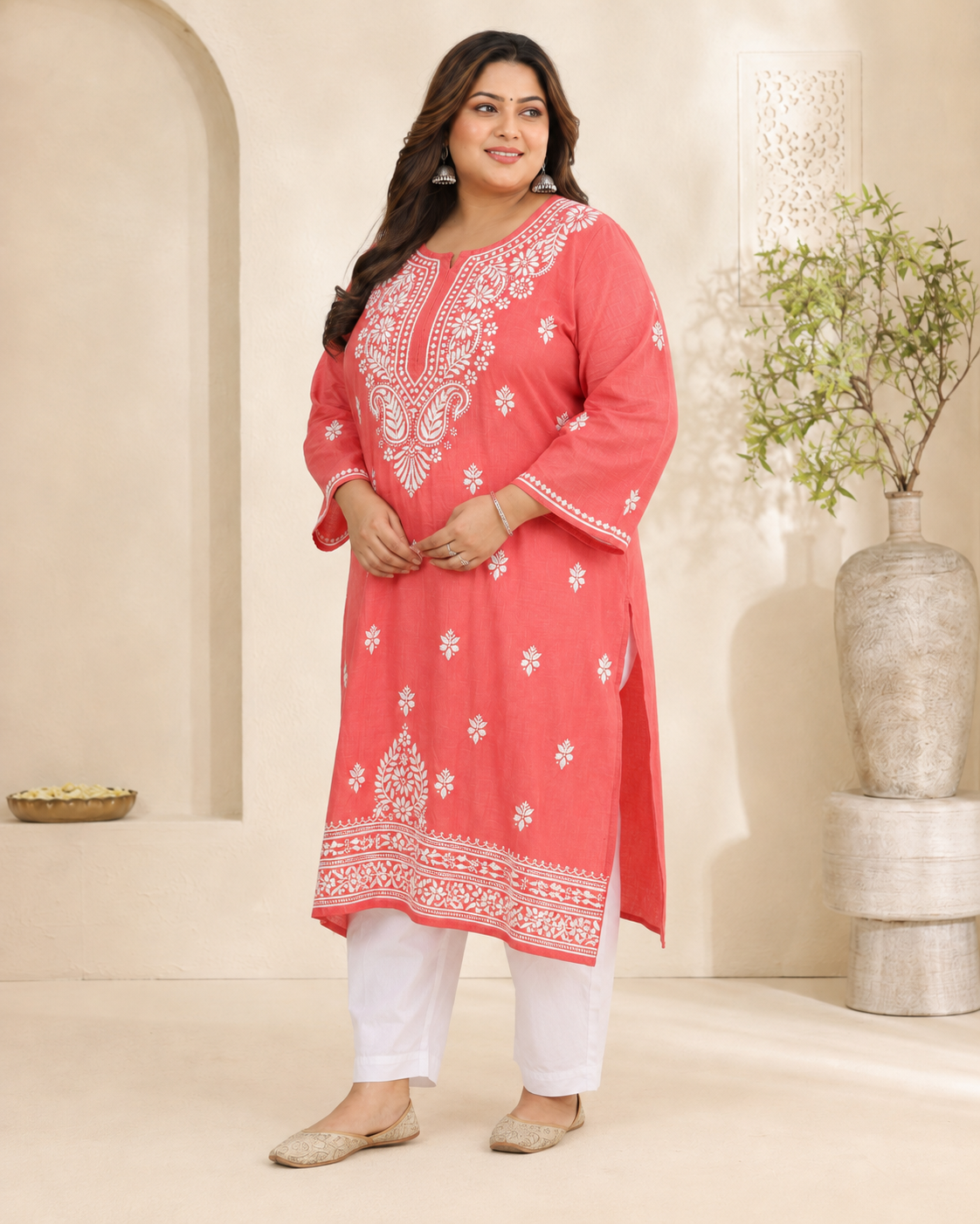 Plus Size Coral Pink Cotton Chikankari Kurti (Size 48-54) | Lucknow Best Chikankari