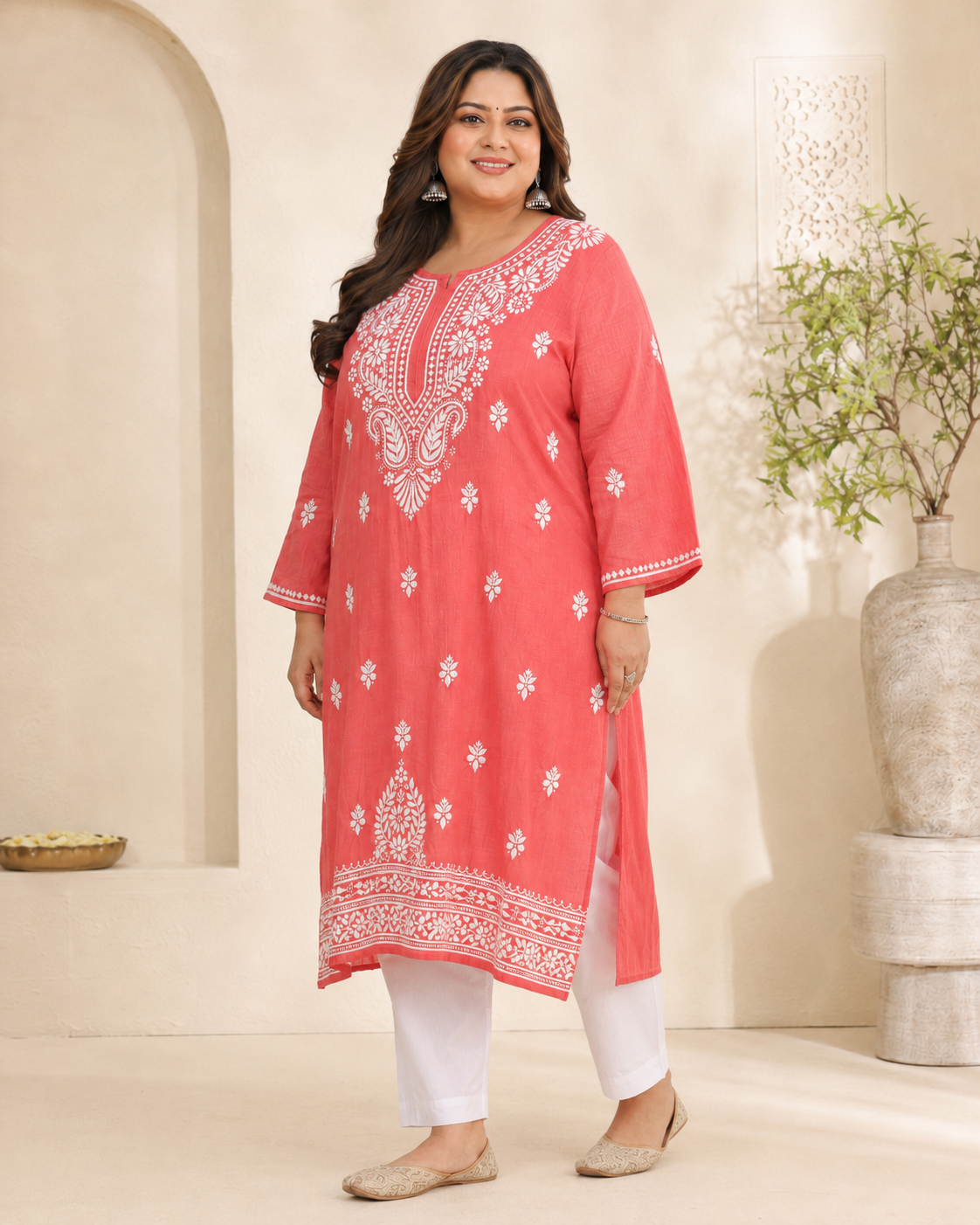 Plus Size Coral Pink Cotton Chikankari Kurti (Size 48-54) | Lucknow Best Chikankari
