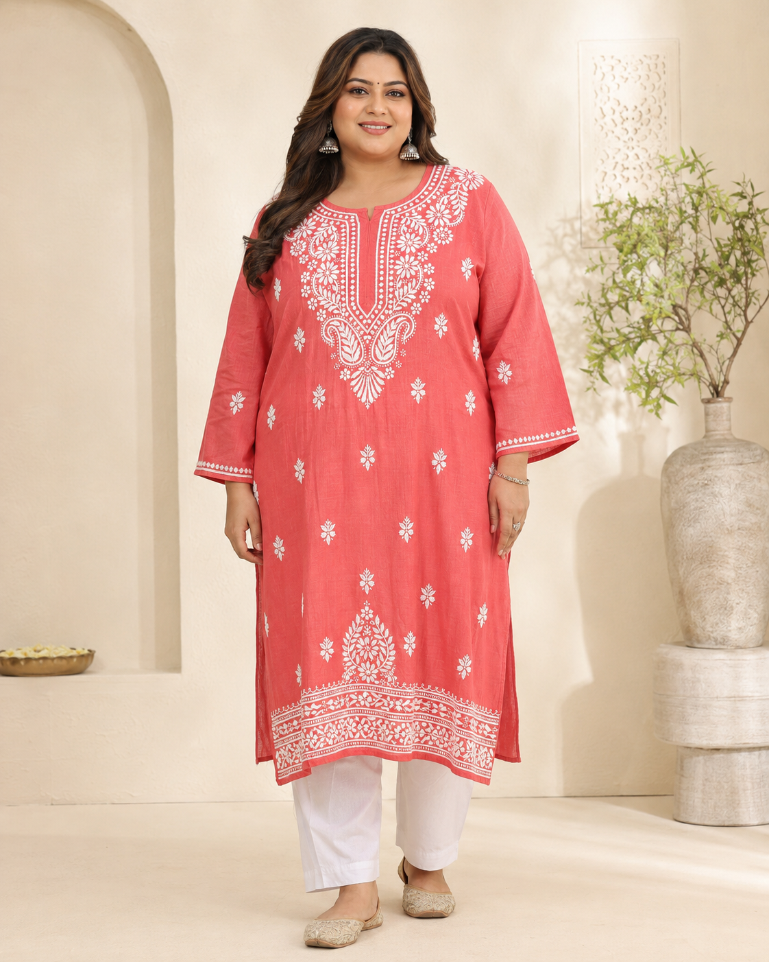 Plus Size Coral Pink Cotton Chikankari Kurti (Size 48-54) | Lucknow Best Chikankari