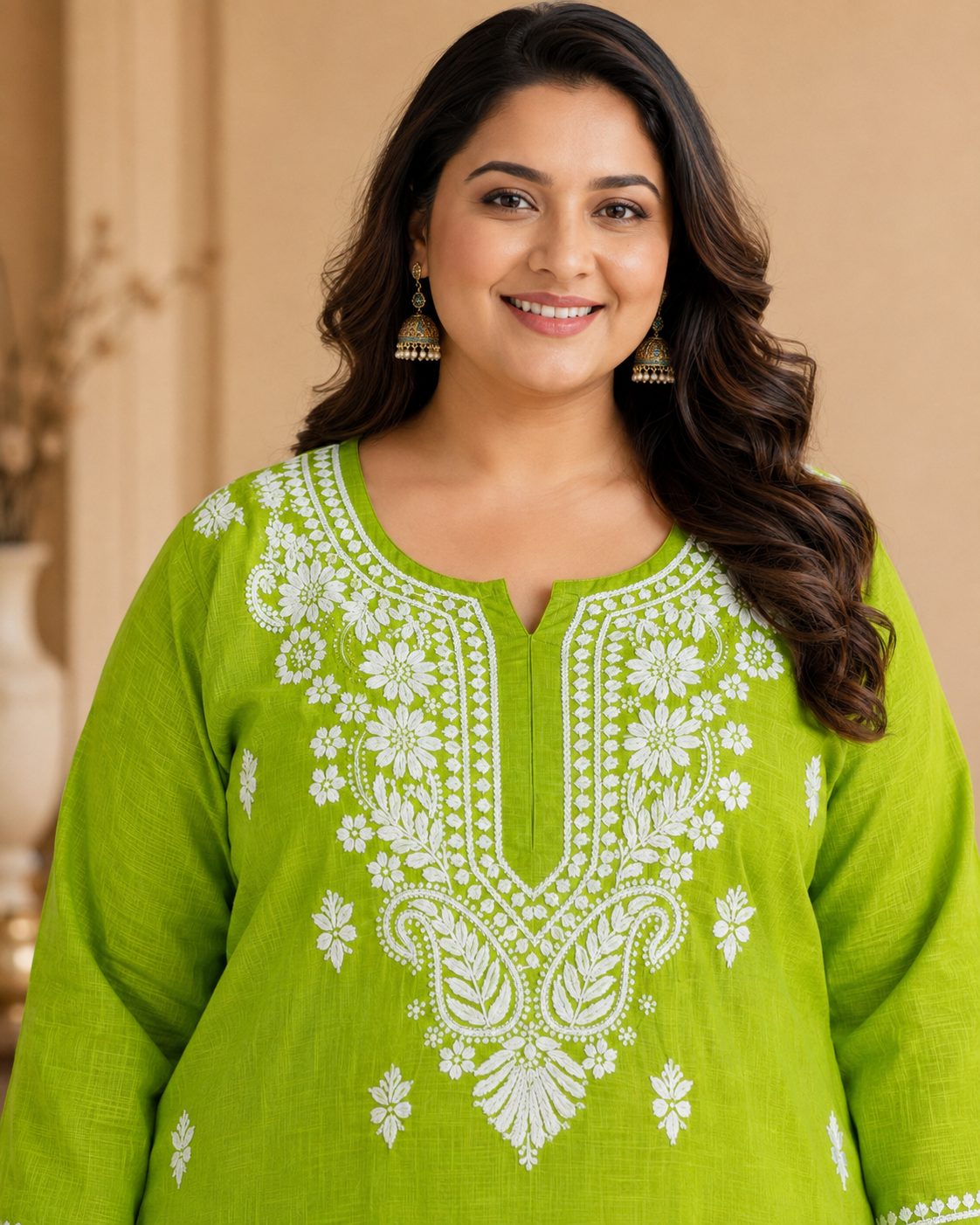 Plus Size Lime Green Cotton Chikankari Kurti (Size 48-54) | Lucknow Best Chikankari