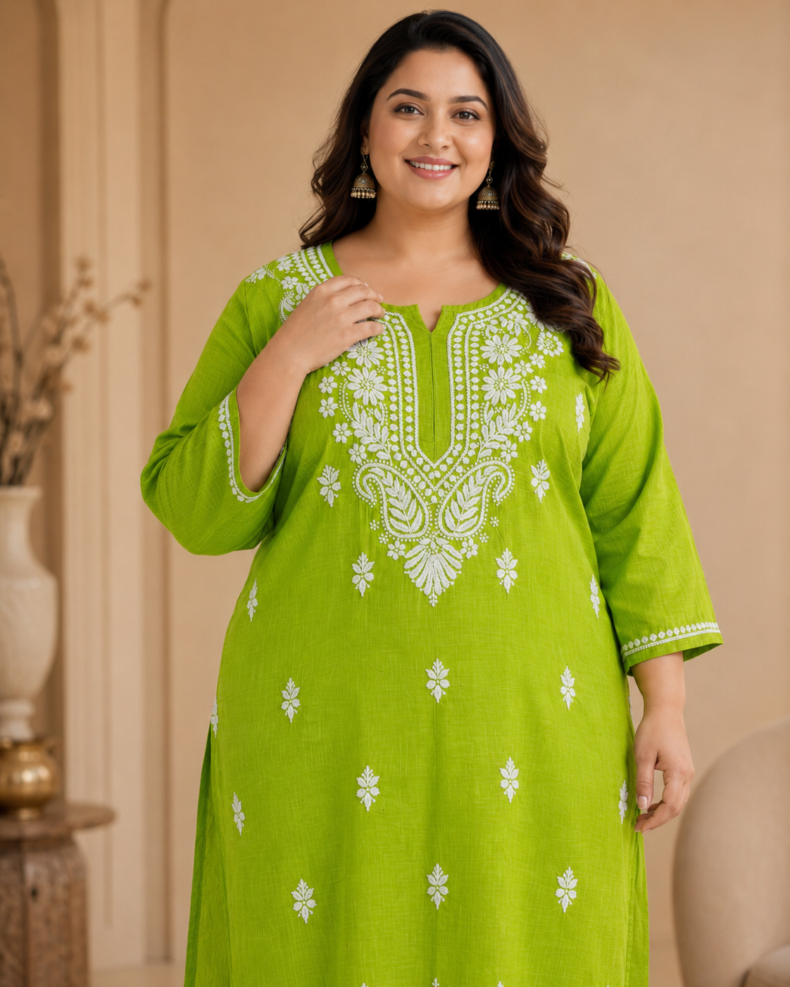 Plus Size Lime Green Cotton Chikankari Kurti (Size 48-54) | Lucknow Best Chikankari