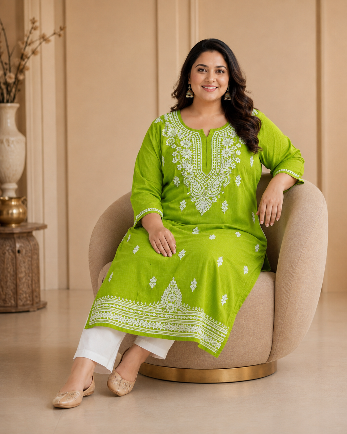 Plus Size Lime Green Cotton Chikankari Kurti (Size 48-54) | Lucknow Best Chikankari
