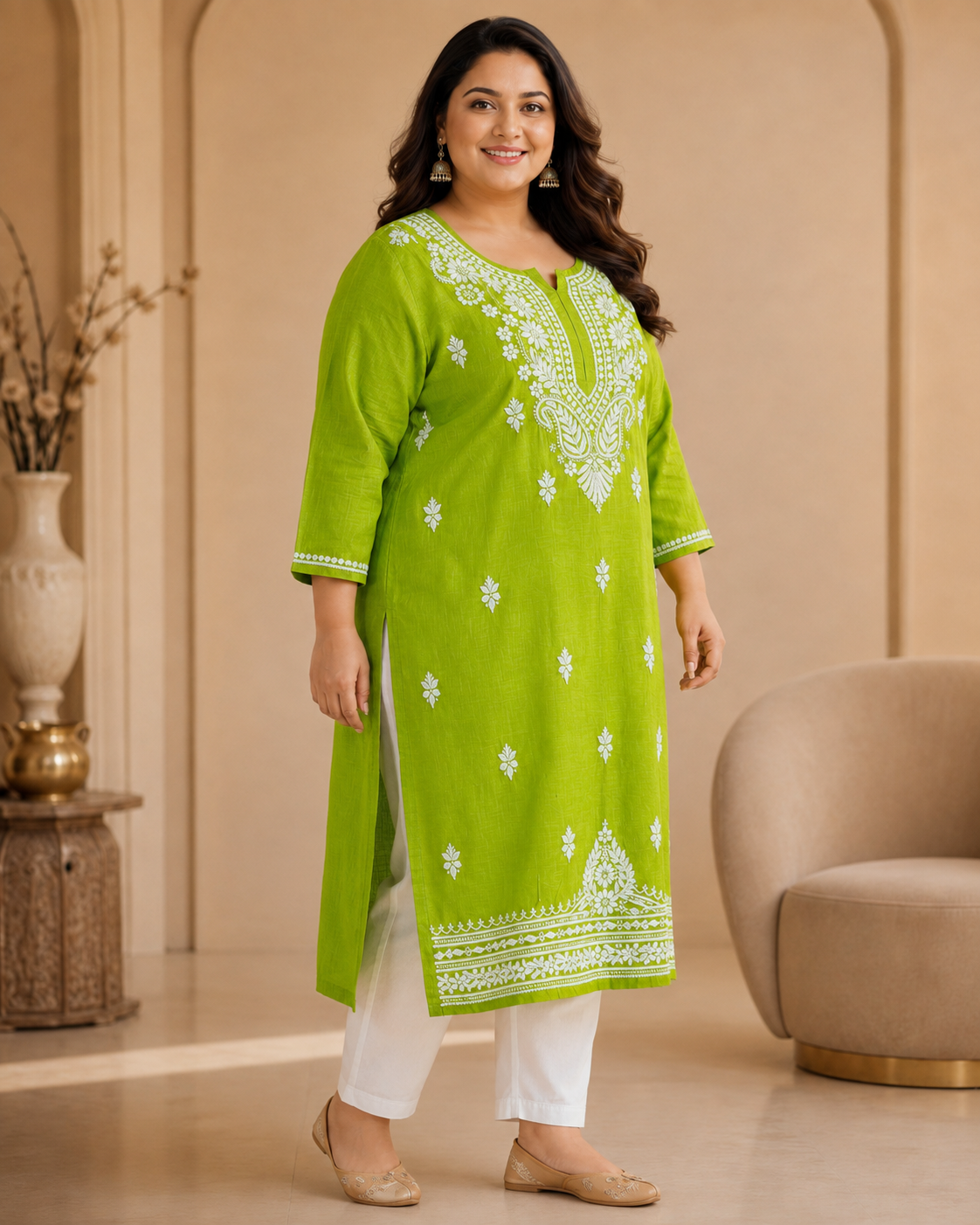 Plus Size Lime Green Cotton Chikankari Kurti (Size 48-54) | Lucknow Best Chikankari