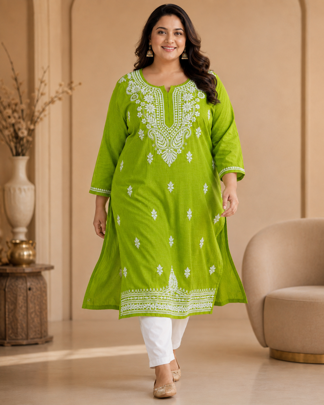 Plus Size Lime Green Cotton Chikankari Kurti (Size 48-54) | Lucknow Best Chikankari