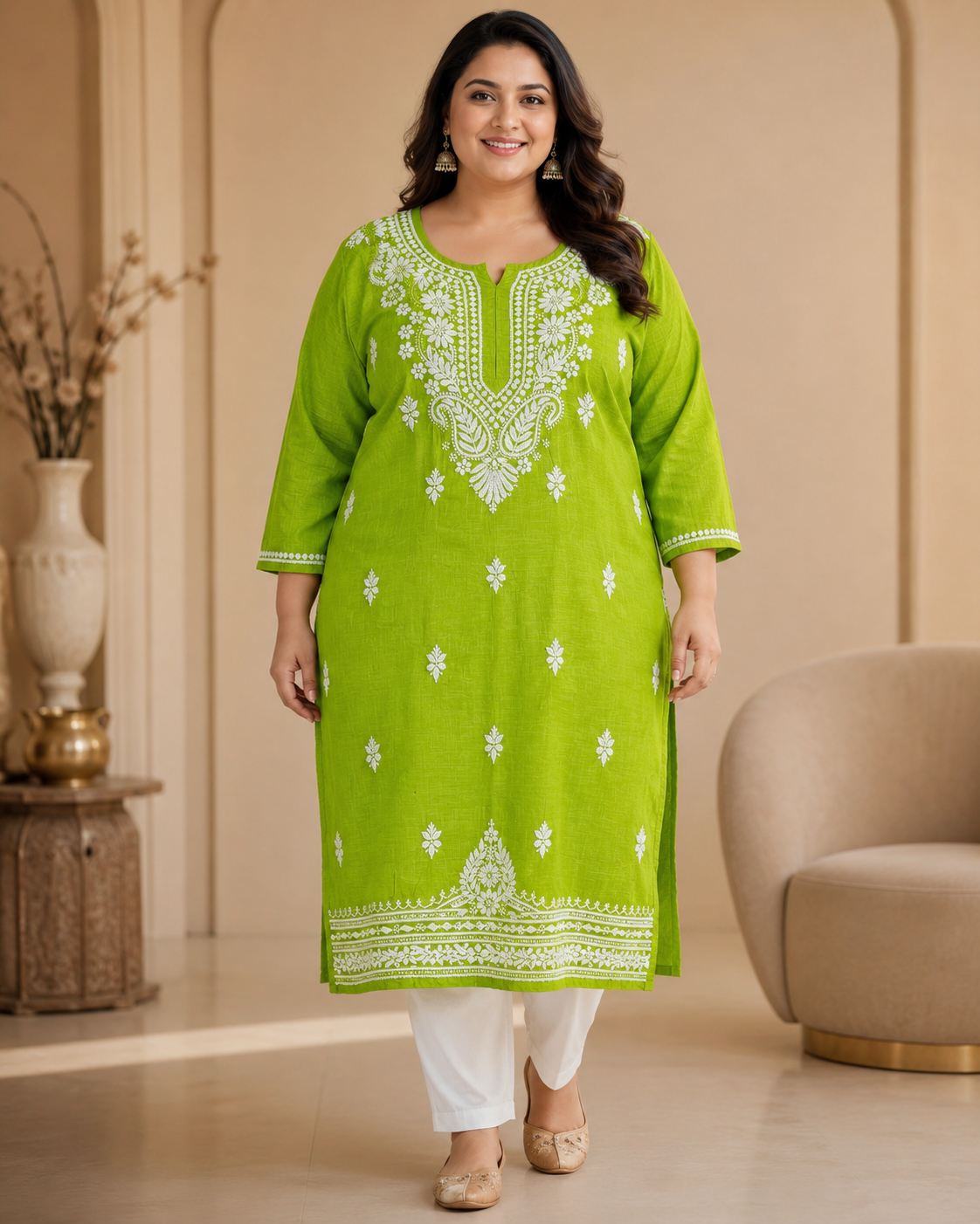 Plus Size Lime Green Cotton Chikankari Kurti (Size 48-54) | Lucknow Best Chikankari