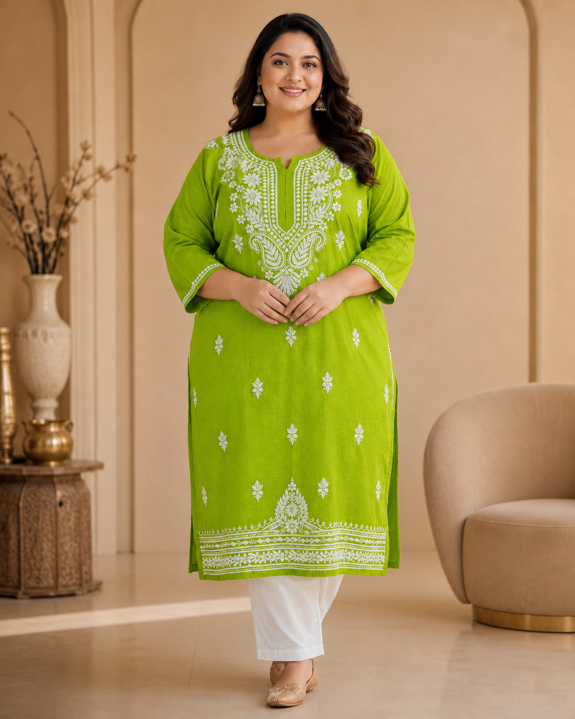 Plus Size Lime Green Cotton Chikankari Kurti (Size 48-54) | Lucknow Best Chikankari