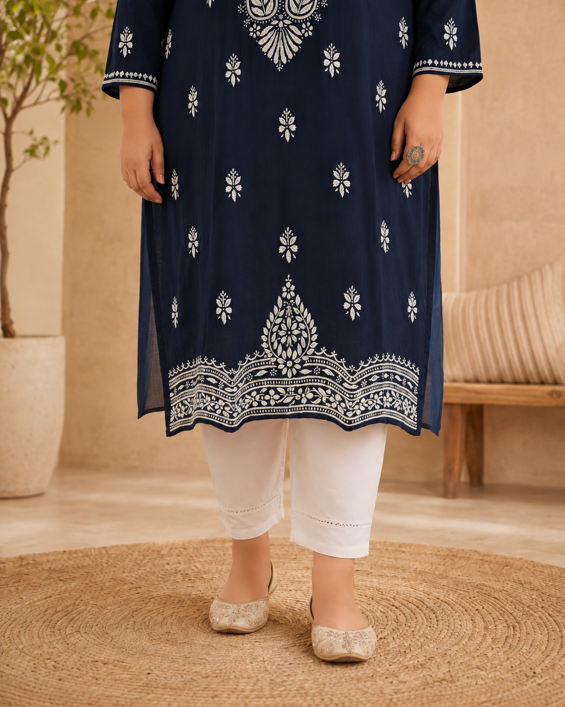Plus Size Navy Blue Cotton Chikankari Kurti (Size 48-54) | Lucknow Best Chikankari