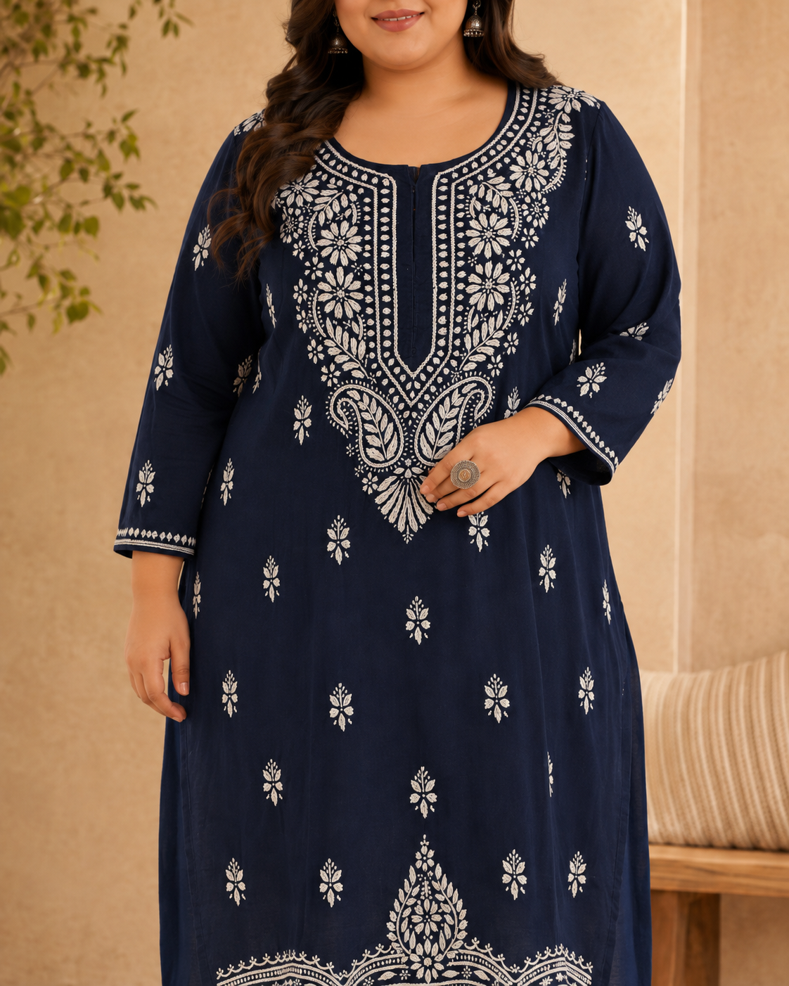 Plus Size Navy Blue Cotton Chikankari Kurti (Size 48-54) | Lucknow Best Chikankari