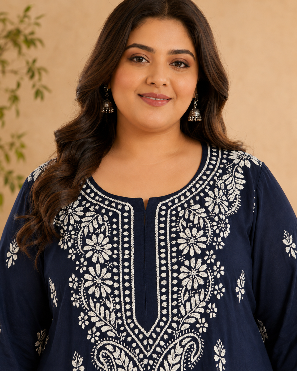 Plus Size Navy Blue Cotton Chikankari Kurti (Size 48-54) | Lucknow Best Chikankari