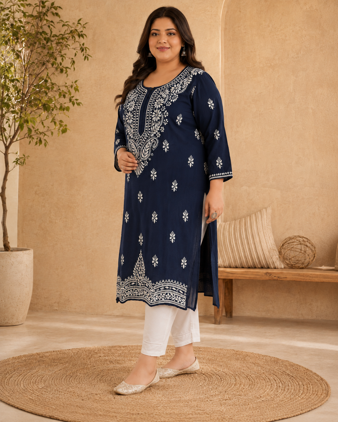 Plus Size Navy Blue Cotton Chikankari Kurti (Size 48-54) | Lucknow Best Chikankari