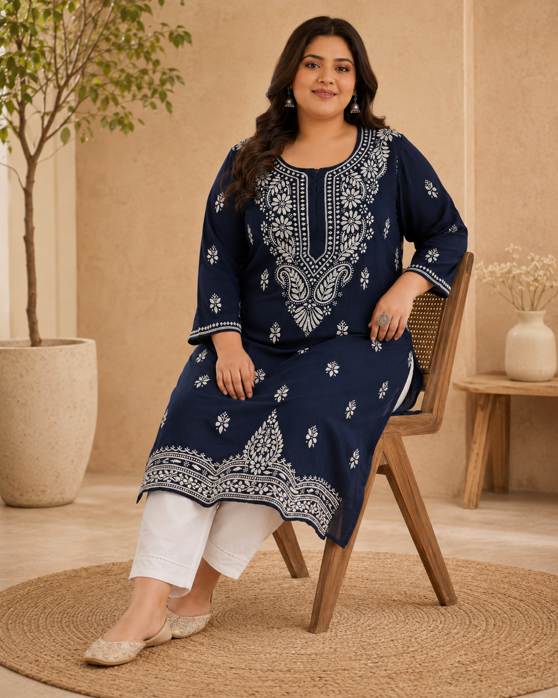 Plus Size Navy Blue Cotton Chikankari Kurti (Size 48-54) | Lucknow Best Chikankari