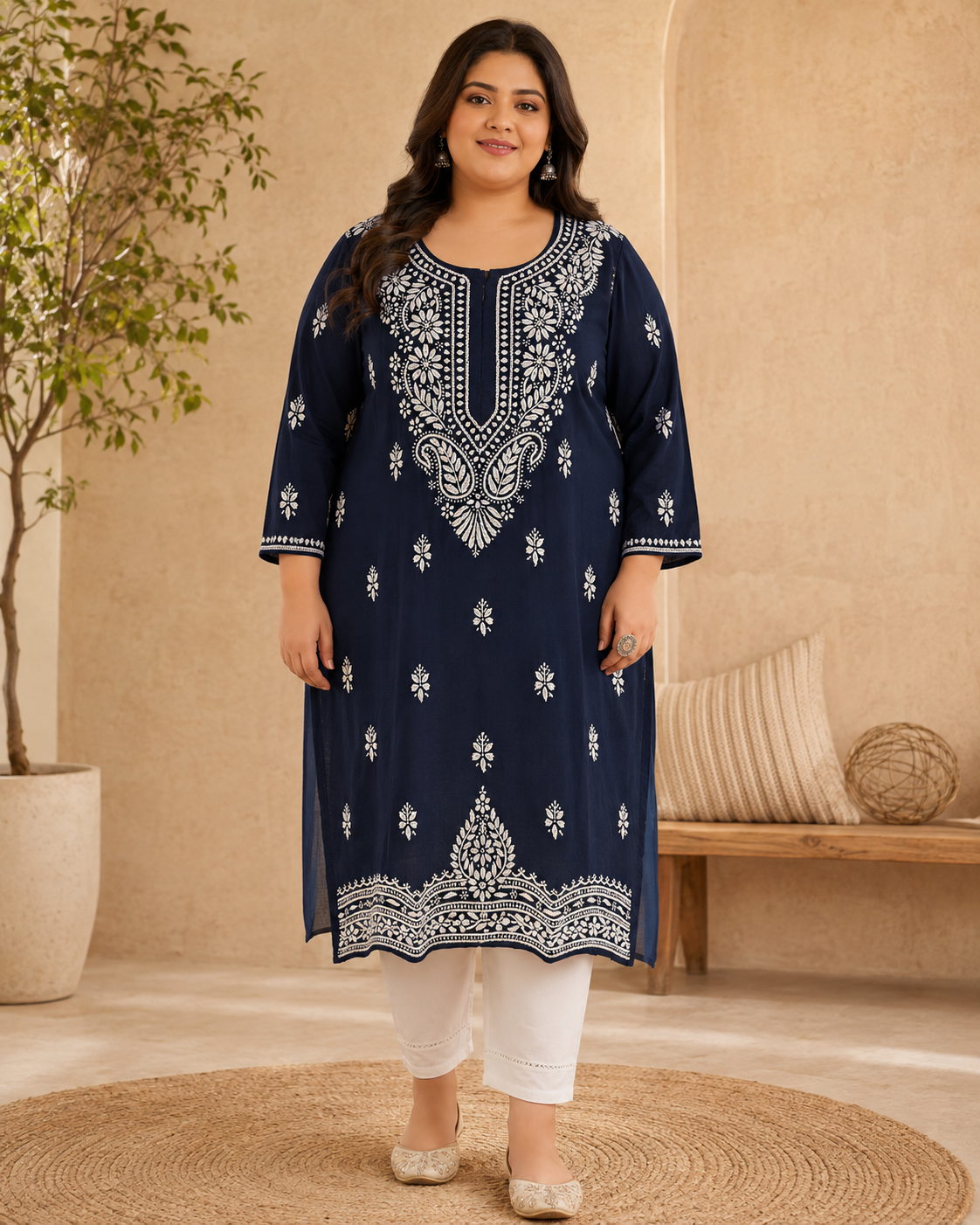 Plus Size Navy Blue Cotton Chikankari Kurti (Size 48-54) | Lucknow Best Chikankari